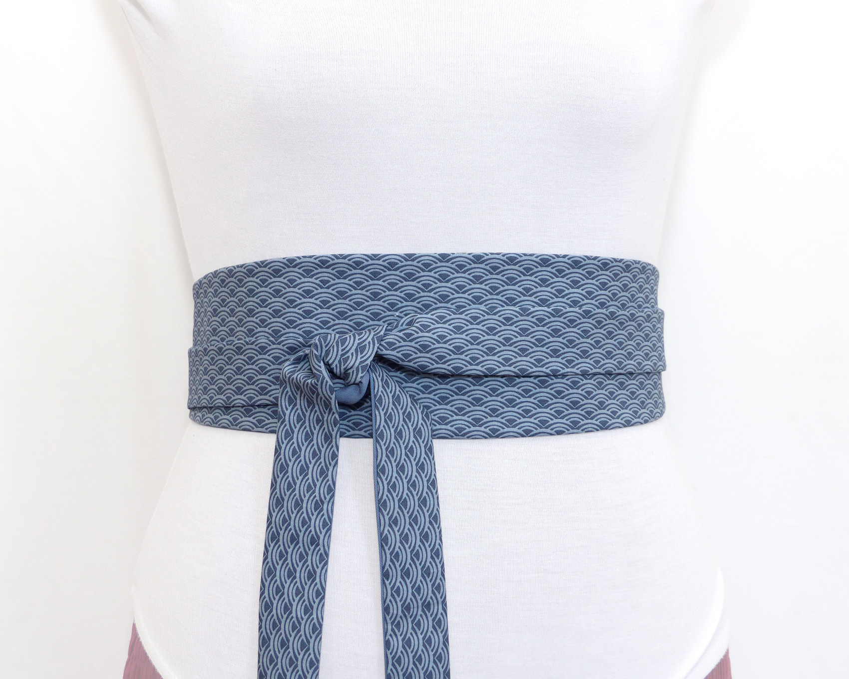 Obi Belt Blue Cloth Belt Blue Obi Belt, Geometric Waves Pattern