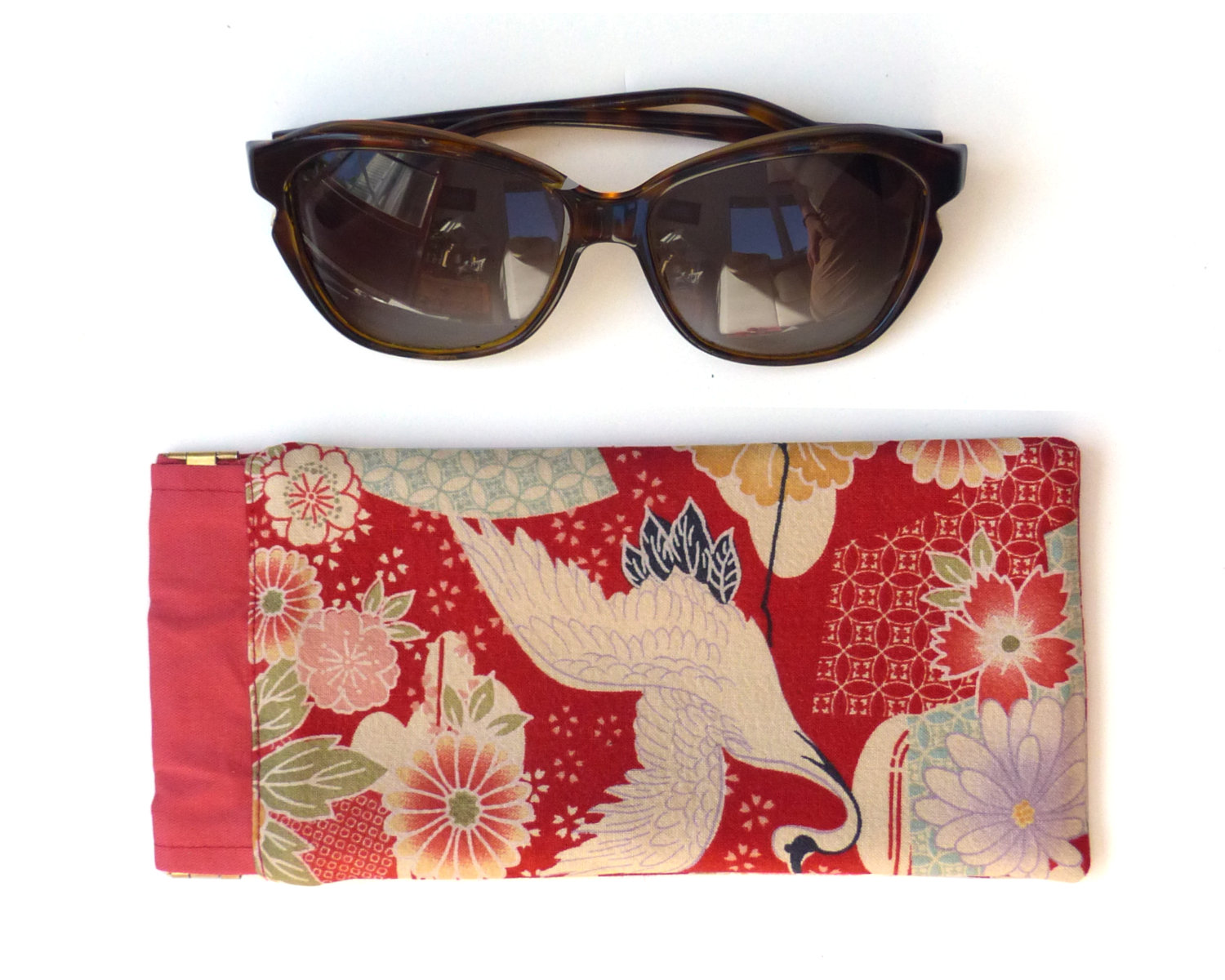 Fabric Glasses Case, Red with Flowers and Cranes